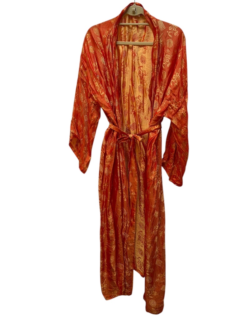 Roberta Freymann Vintage 100% Silk Orange Chinese Characters Print Dressing Robe